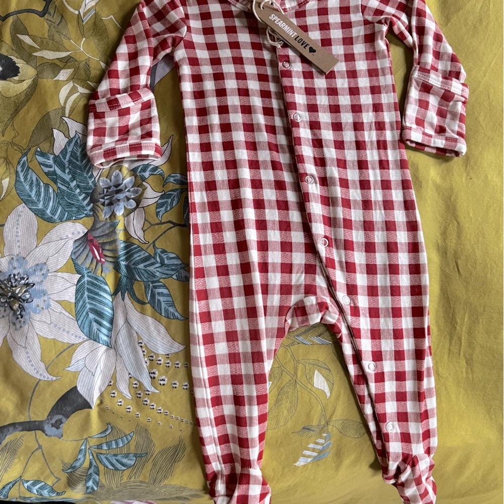 Red and white checkered, onesie,